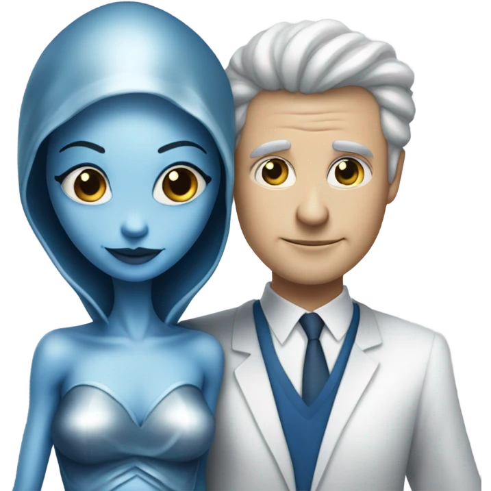 alien woman in silver dress hugs white man in blue dress emoji