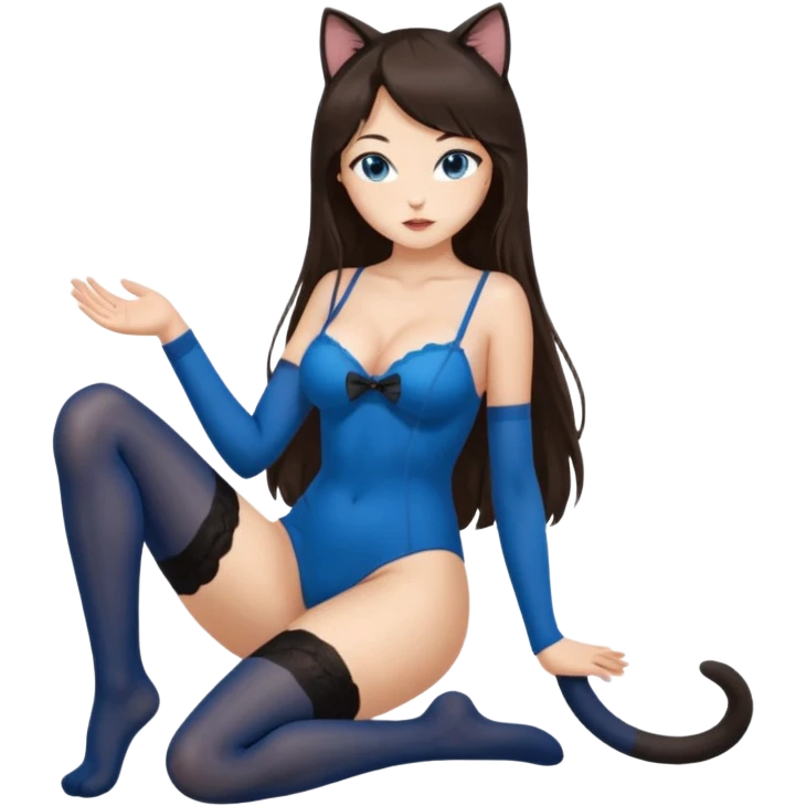 Buxom brunette super long hair intimate sfw blue eyes Asian black nylon stocking pose cat girl emoji