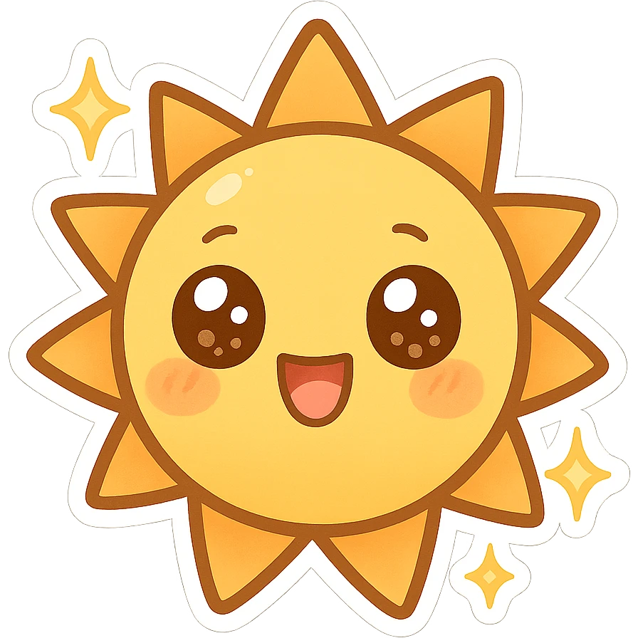 chibi sticker-style sun with sparkles, cute and exaggerated emoji