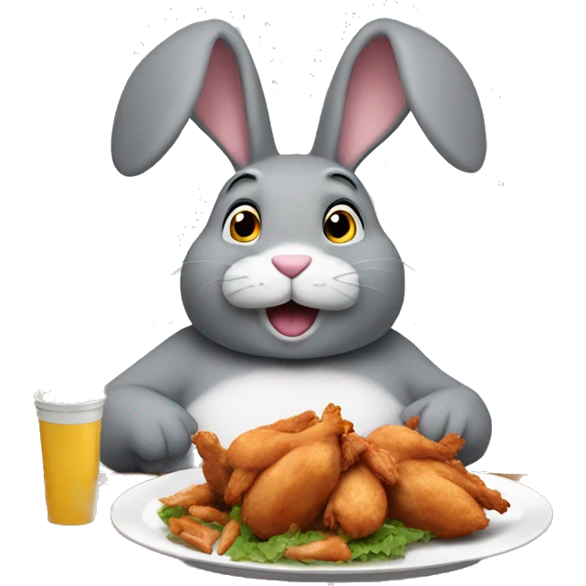 Fat gray bunny with big ears eating chicken wings and is sitting on a table  emoji