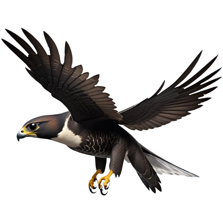cinematic-peragrin falcon-realistic-full-body-diving-emoji,-sleek-aerodynamic-frame-plummeting-through-the-air-with-lightning-speed,-razor-sharp-talons-poised-for-the-strike,-feathered-wings-angled-for-maximum-precision,-keen-dark-eyes-locked-onto-its prey, white underside with black dotted feathers emoji