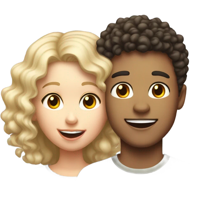 Dark curly haired shorter girl with taller white blond boy smiling with tongue out couple photo emoji