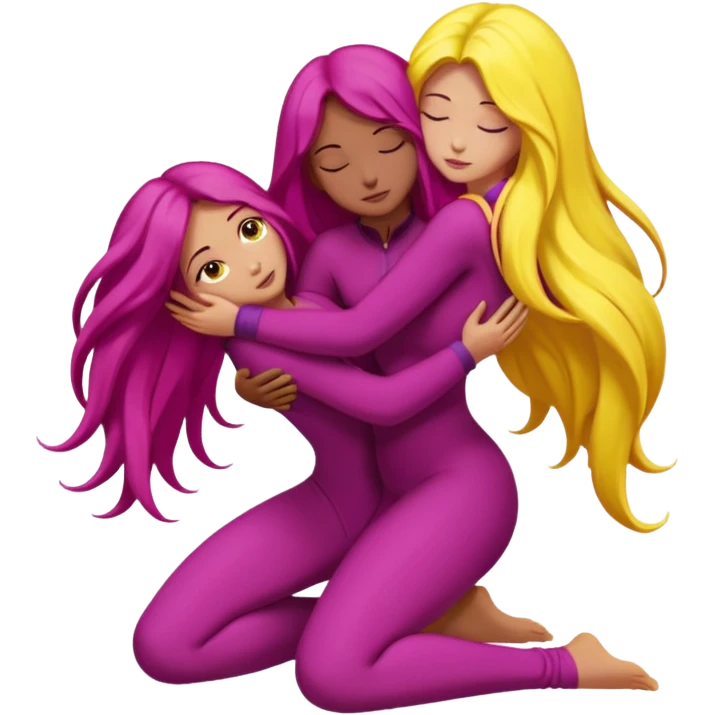 One figure is dark magenta and is kneeling.
	•	The other figure is yellow with long hair and is being held, with their arms around the magenta figure’s neck.
	•	The yellow figure’s legs wrap around the magenta figure’s waist, suggesting a close, intimate embrace. emoji