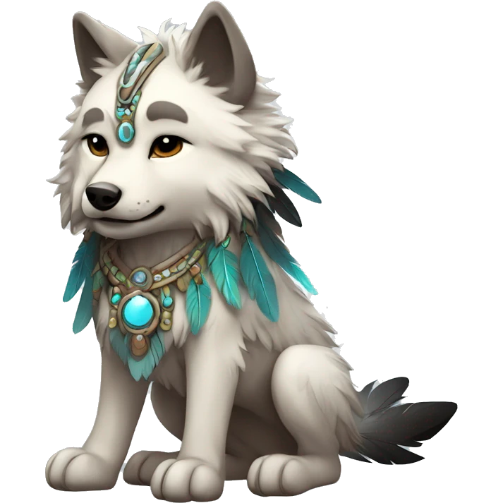 Fluffy Shy Chibi Spiritual Shamanic Wolf With Shiny Tribal Markings wearing feathers Full Body emoji