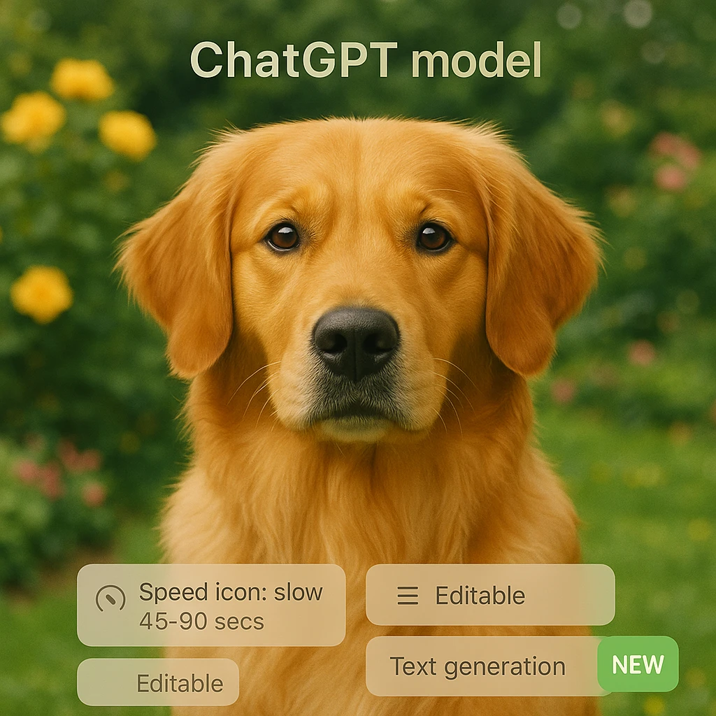 Move the 'ChatGPT model' title to the top and the other tags ('Speed icon: slow 45-90 secs', 'Editable', 'Text generation', 'New') to the bottom. Set the background as a golden retriever in a garden, seamless website style. emoji