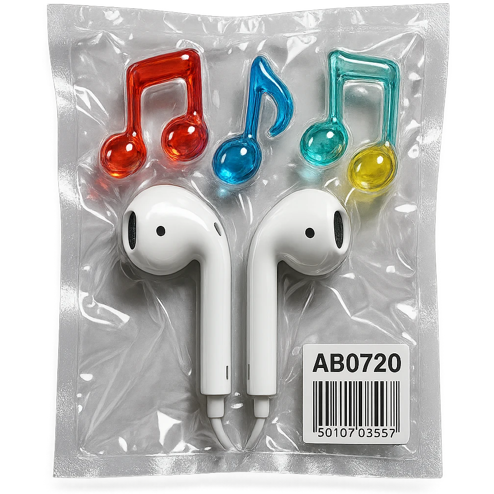 pair of white EarPods with three floating transparent glass music notes in primary colors, glossy and inflated, vacuum-sealed style emoji