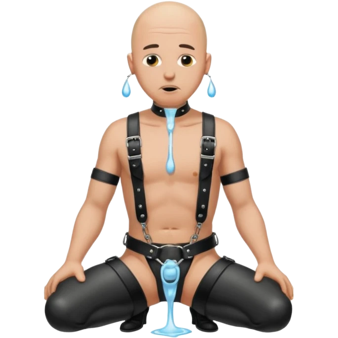 submissive bald man on his knees in a black leather harness standing man in leather, pouring piss down his throat emoji