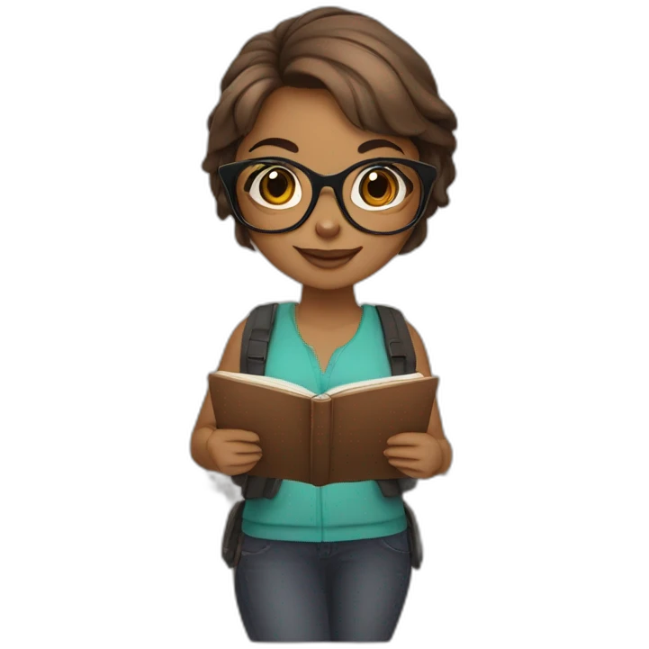 Otter girl with round glasses holding multiple journals, planners and pens emoji