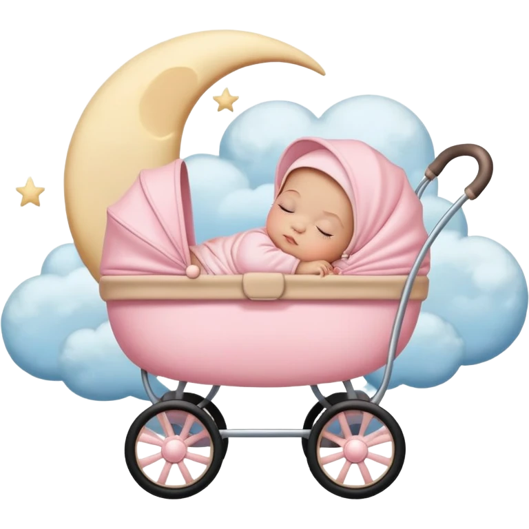 sleeping baby in pink and beige stroller with crescent moon and stars above with pastel blue clouds emoji