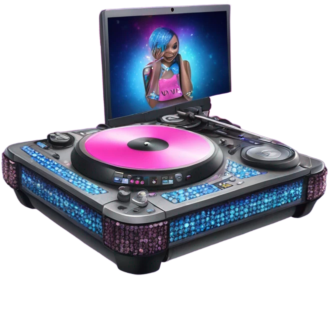 Realistic DJ turntable setup with pink,blue,and purple sparkling diamonds and rhinestones on it. emoji