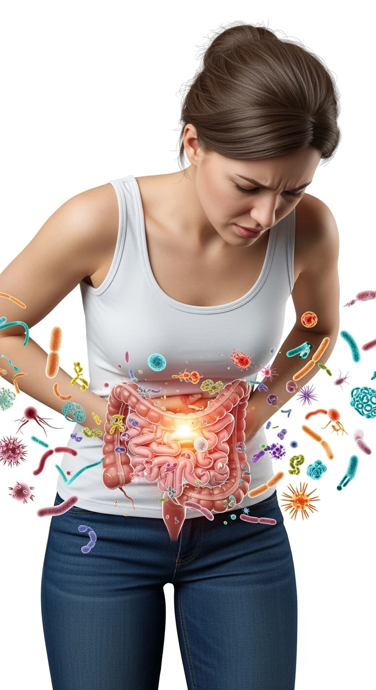 DONNA CON MAL DI PANCIA E INTESTINO UMANO ANATOMICO VISIBILE, BATTERI INTESTINALI FLUTTUANO INTORNO, IPERREALISTICO 4K, SFONDO BIANCO emoji