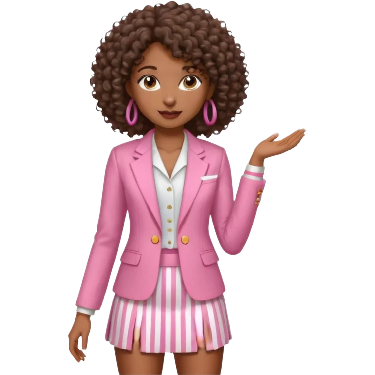 African American curly haired woman with In a pink and white pin stripe blazer short skirt set  emoji