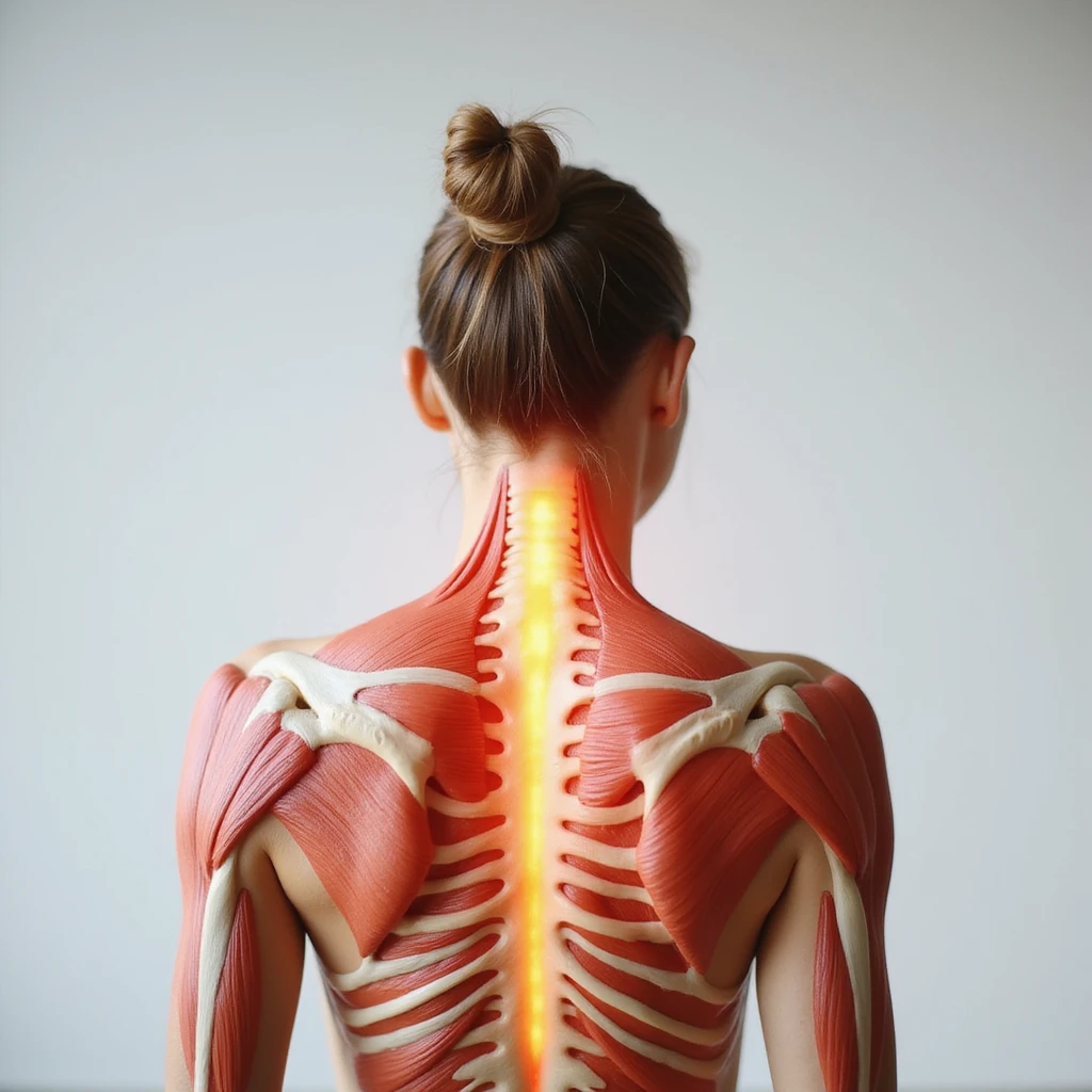 realistic anatomical back view of a woman showing tense head and neck muscles, pain areas highlighted, neutral background emoji
