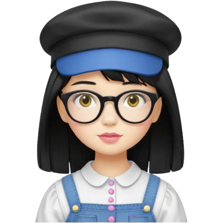 A yellow-skinned girl with medium-long straight black hair, flat bangs, black frame glasses, a white puffy sleeve doll shirt, blue jeans and pink shoes, and a black painter's hat. emoji