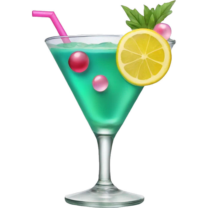 Bluish green cocktail with pink and yellow emoji