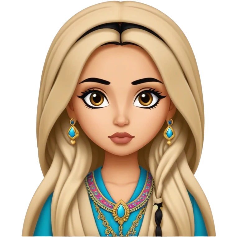 Afghan nose, pretty lips, afghan clothes, medium skin,  long hair, pretty bratz baddie, black eyeliner emoji