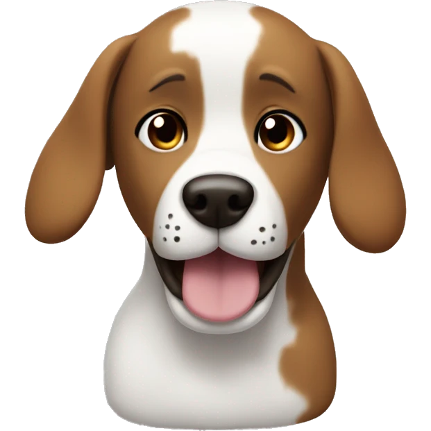 Generate me a dog-shaped plush emoji with a big head, white, long ears that go down and has a smile closed mouth. has a brown patch on the right eye and one on the left ear. emoji