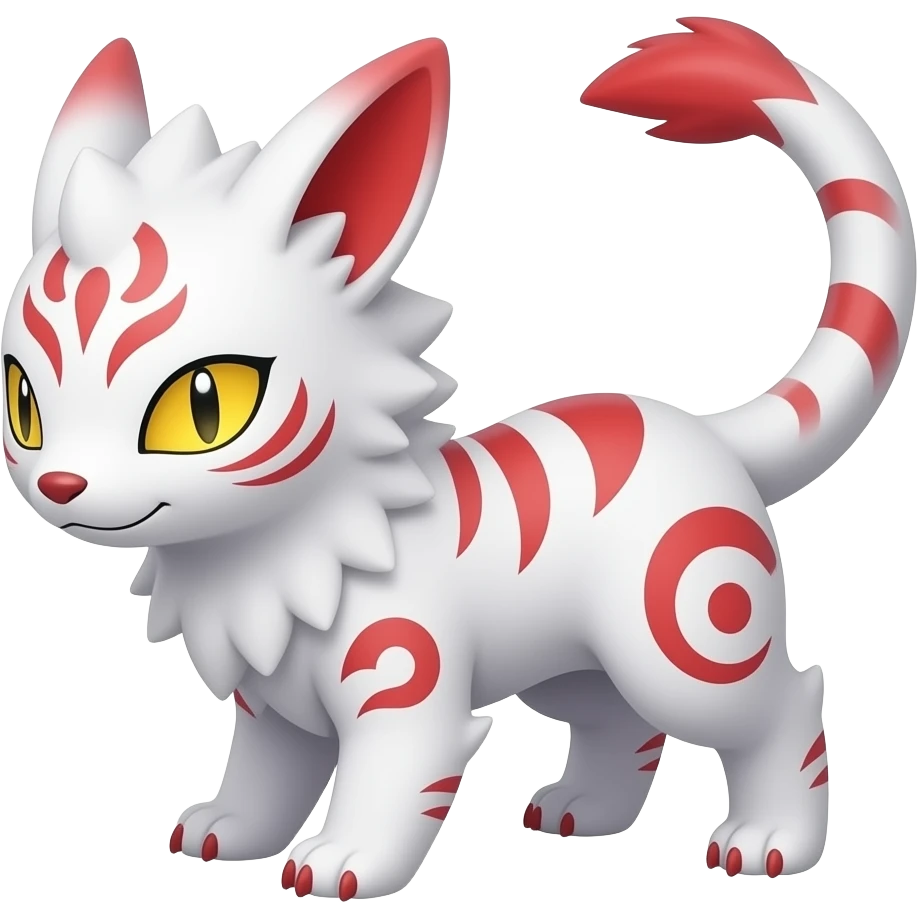 Hyper-realistic oily smooth silky soft White white with red gradients, and yellow, slit eyes, oriental intricate markings handsome cool edgy aesthetic colorful vibrant Vernid-Trico-species-Fakemon-creature by LiLaiRa, 4 legs, 1 tail, random markings, (full body) emoji