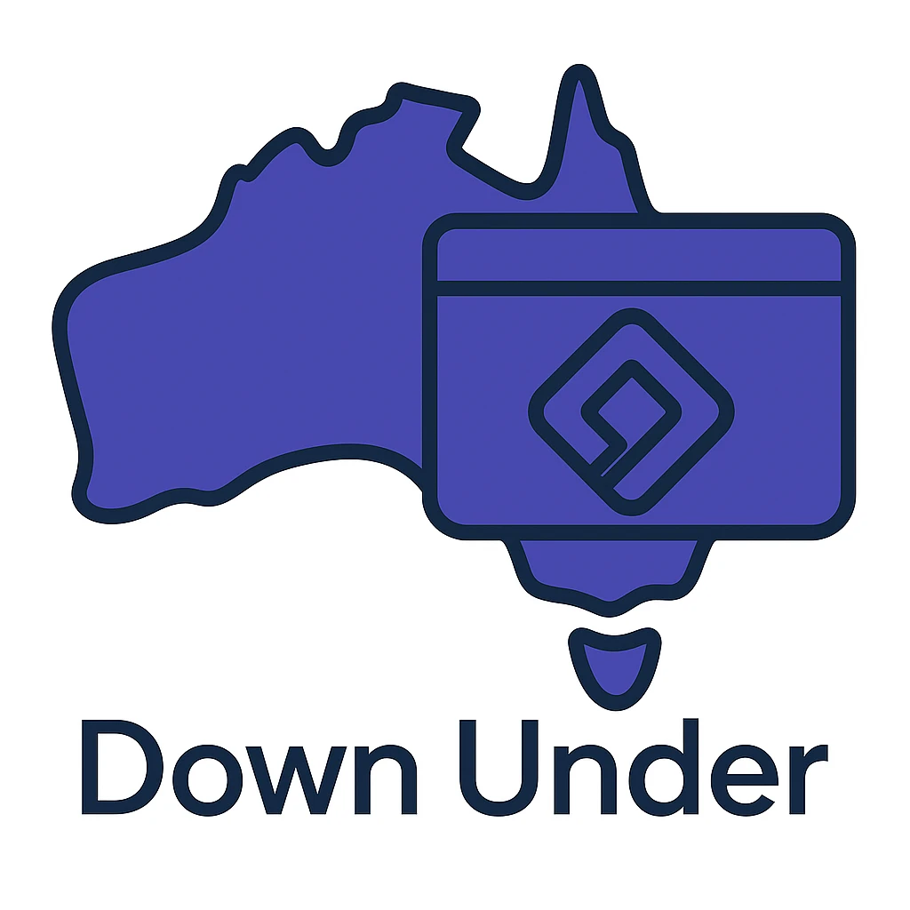 Add the wording 'Down Under' in a clean, modern font below the map of Australia with the official Microsoft Power Pages icon overlay. Use #403DAD as the main color, no digital web overlay emoji