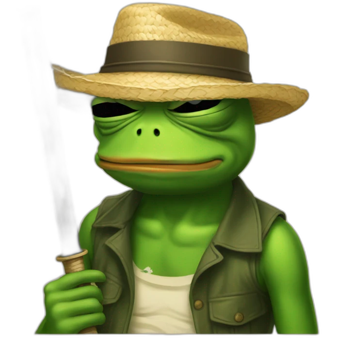 pepe frog holding katana with straw hat and he is sad  emoji