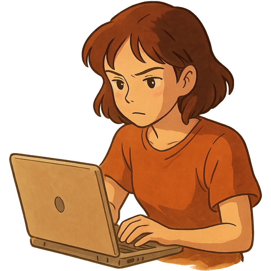 chica con computadora en ambiente cálido, expresión concentrada emoji