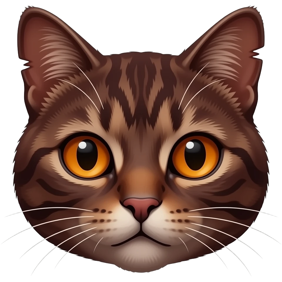 A very dark red-brown tabby cat head with bright orange eyes and a lot of scars and torn ears emoji