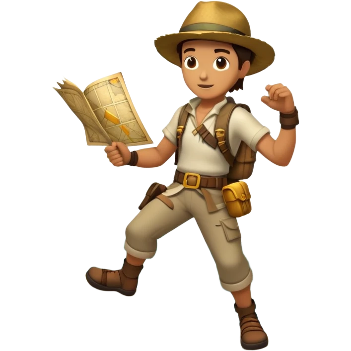 An icon featuring an adventurer in a dynamic action pose, with treasure maps, ancient ruins, and jungle landscapes in the background. The design includes clues, hidden passages, and climbing gear, symbolizing the thrill of exploration and discovery. Transparent background. emoji