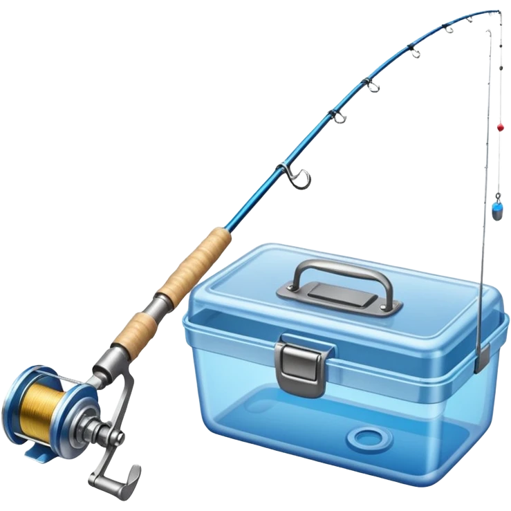 A fishing rod with reel and line neatly coiled beside a bait box. emoji