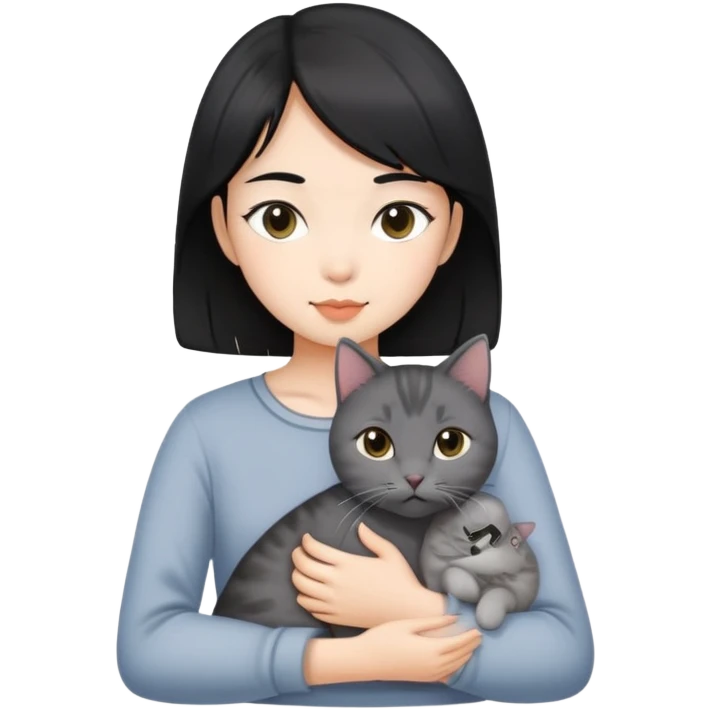Black hair Asian girl with a grey domestic short hair cat emoji