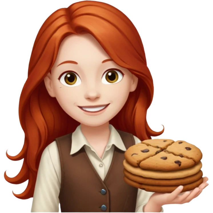 white girl scout with red long hair selling cookies with a brown vest and white shirt under vest. She should be around 10 years old emoji