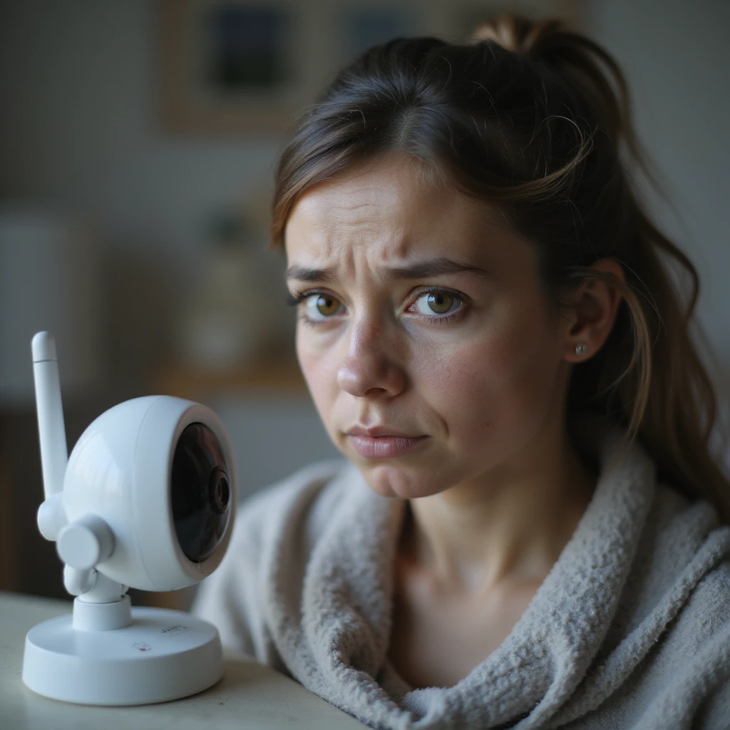 close-up hyperrealistic 4K image of new mother with dark circles, staring at baby monitor, anxious and tired, nursery background full of safety devices, detailed and safe atmosphere emoji