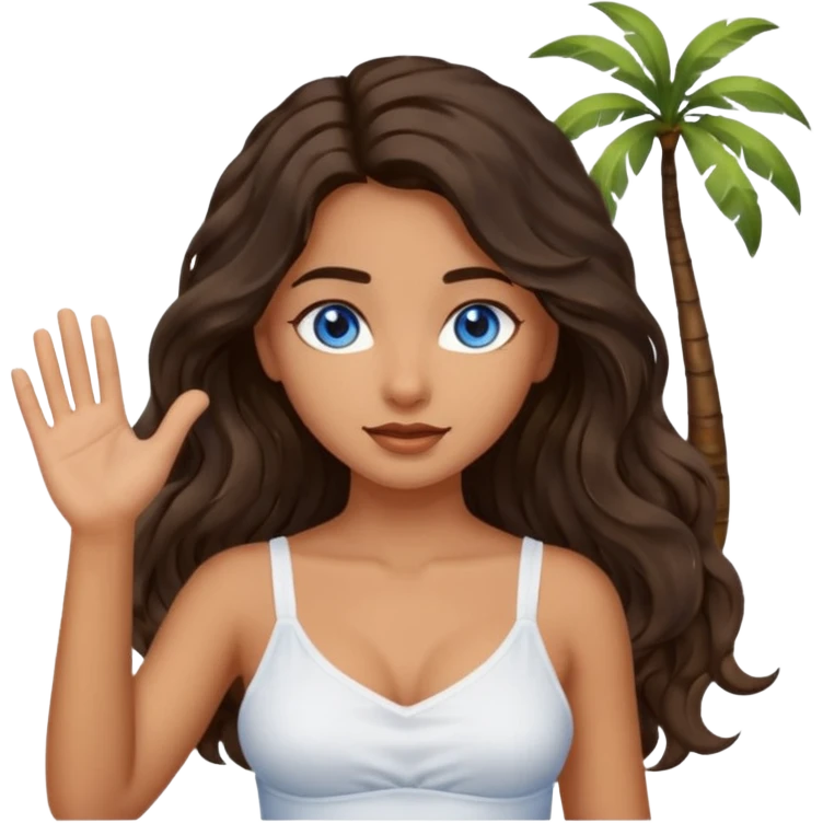 Girl with olive skin, blue eyes, brown dark insanely wavy long hair, white camisole, palm up emoji