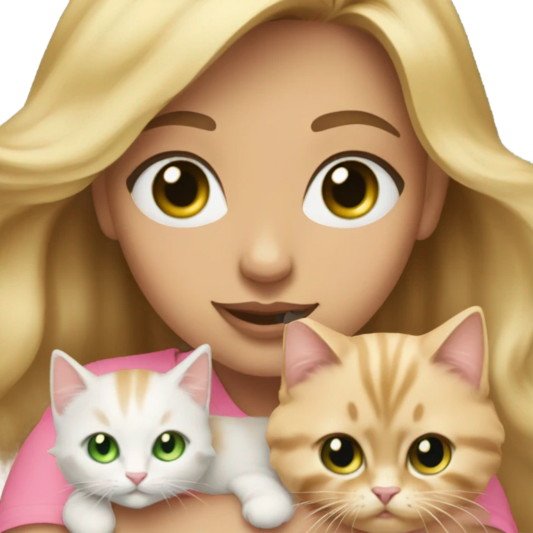woman green eyes long wavy blonde hair and big boobs in a pink shirt is holding fluffy kitty emoji