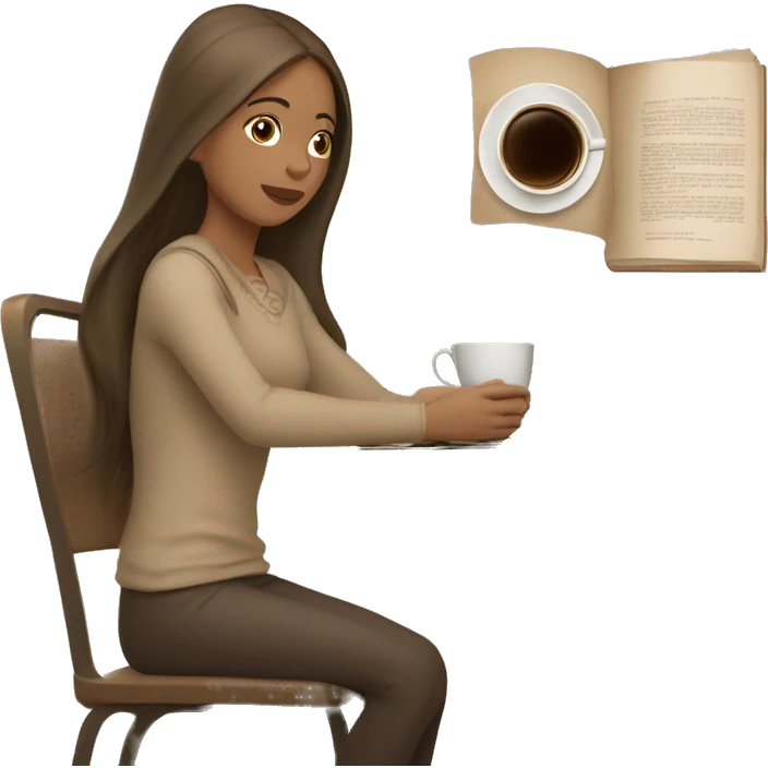 A girl at a table with a laptop. A a cup of coffee on the left side of the table. Books on the right side of the table. in beige tones emoji