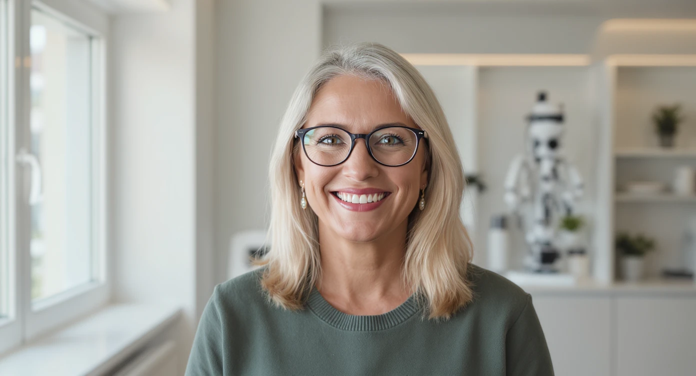 Cinematic still of a smiling european white woman with glasses smiling, minimalistic ophthalmologist interior in background, leading  lines, rule of thirds emoji