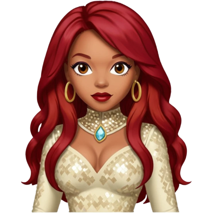 LaTavia Robeson from Destiny's Child with long dark red hair, cream sequin outfit emoji