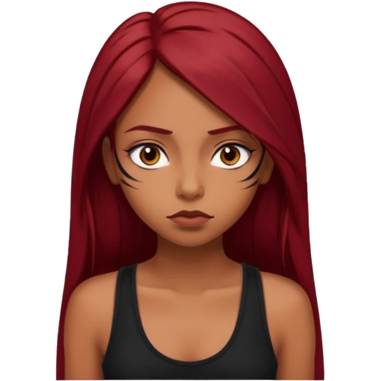 a brown girl with straight long dark red hair, black tank top, eyeliner on. Looking sad emoji