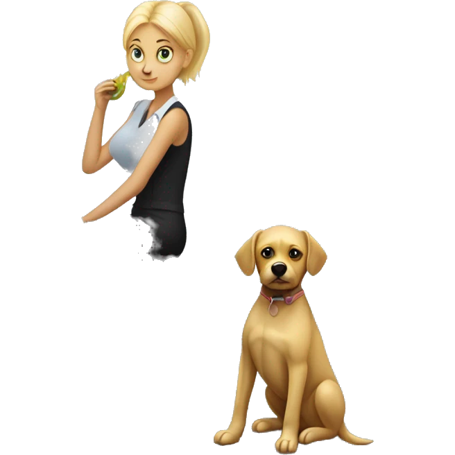 Small black dog sitting in an office with a pretty blonde woman waiting for lunch emoji