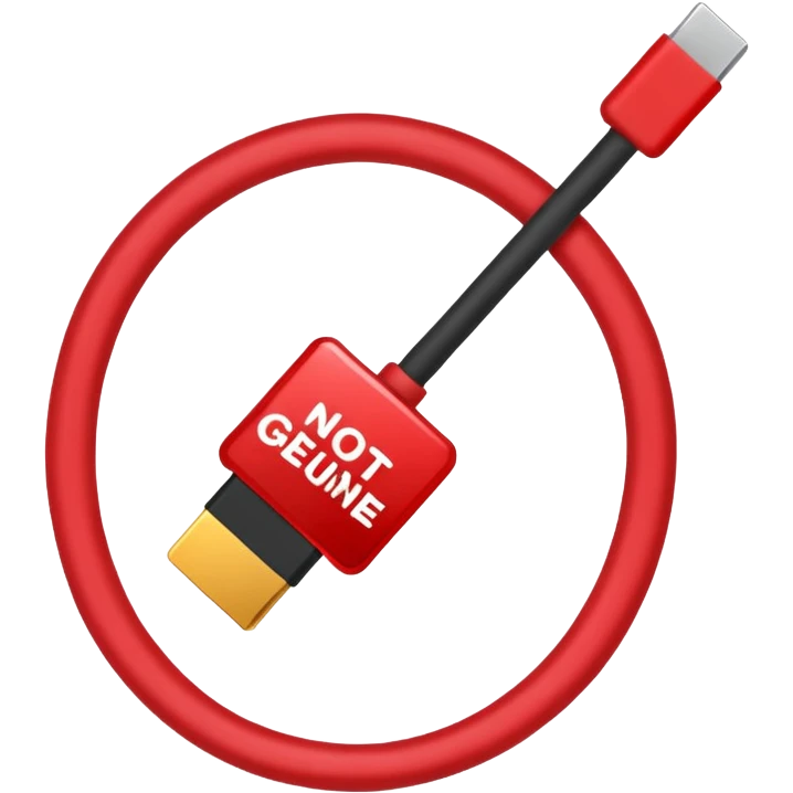 a red slash over a cable with with the text "NOT GENUINE" emoji