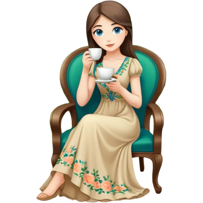 Turkish beautiful finish Konya girl blue eyes with Beautiful beige green floral long tail dress and this two friends sit in a lovely garden on the chair on the ground and holds cup coffe with her hand  emoji