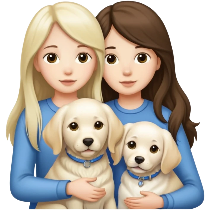 A long-haired girl and a medium-length-haired girl holding a white Labrador emoji
