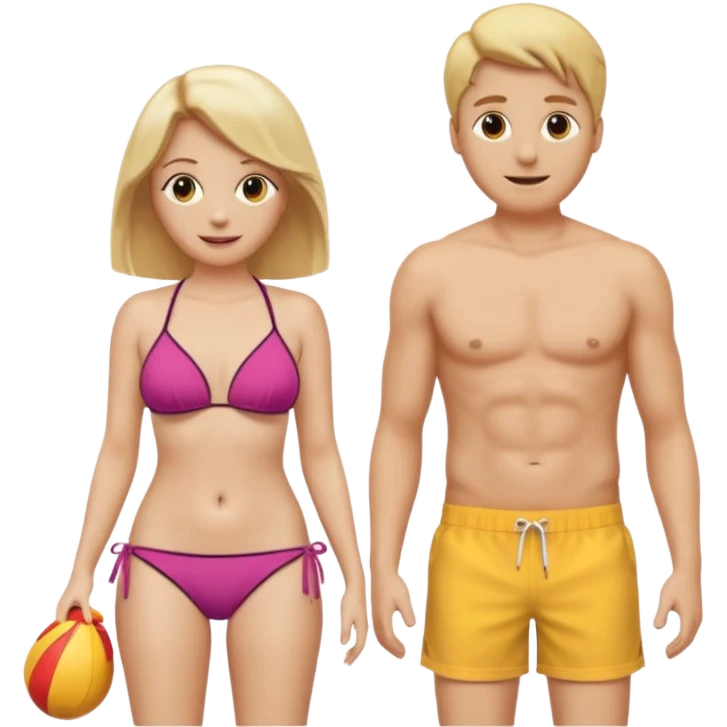 Ein Emoji, das ein älteres Paar am Strand zeigt: die Frau sehr schlank mit mittellangem, blondem Haar im Bikini, der Mann mit Bauchansatz in Badeshorts. Beide sind im Ruhestand und liegen entspannt in Liegestühlen, um sich vom Stress des Rentnerlebens zu erholen. emoji