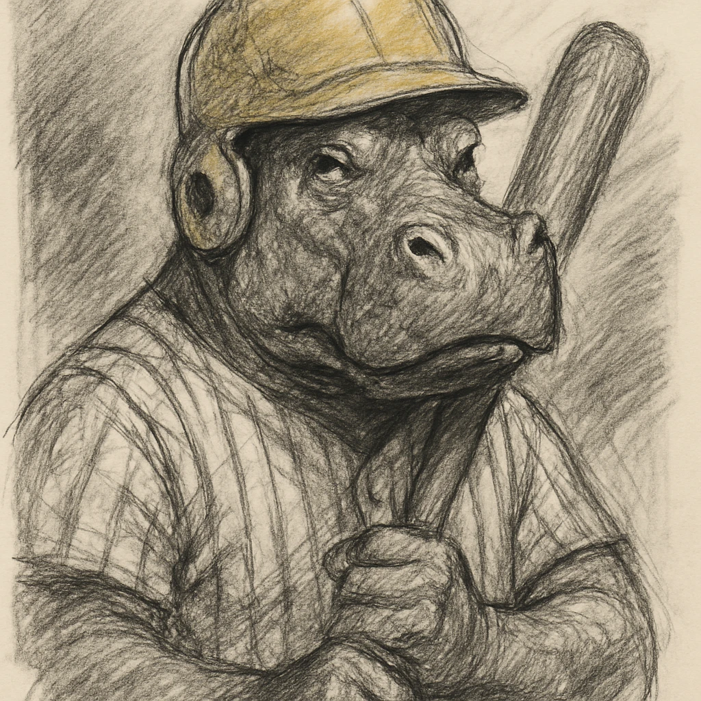 hippo holding a baseball bat, wearing a yellow helmet, pinstripes outfit emoji