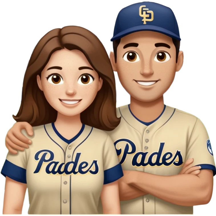 *White* Smiling couple. Woman has big cheeks and a lot of freckles on the nose. long brown hair. Man has black and very short hair and prominent eyebrows with egipcian nose. Both are wearing “Los Padres” baseball jerseys and with a sign that says “Go Padres!” emoji