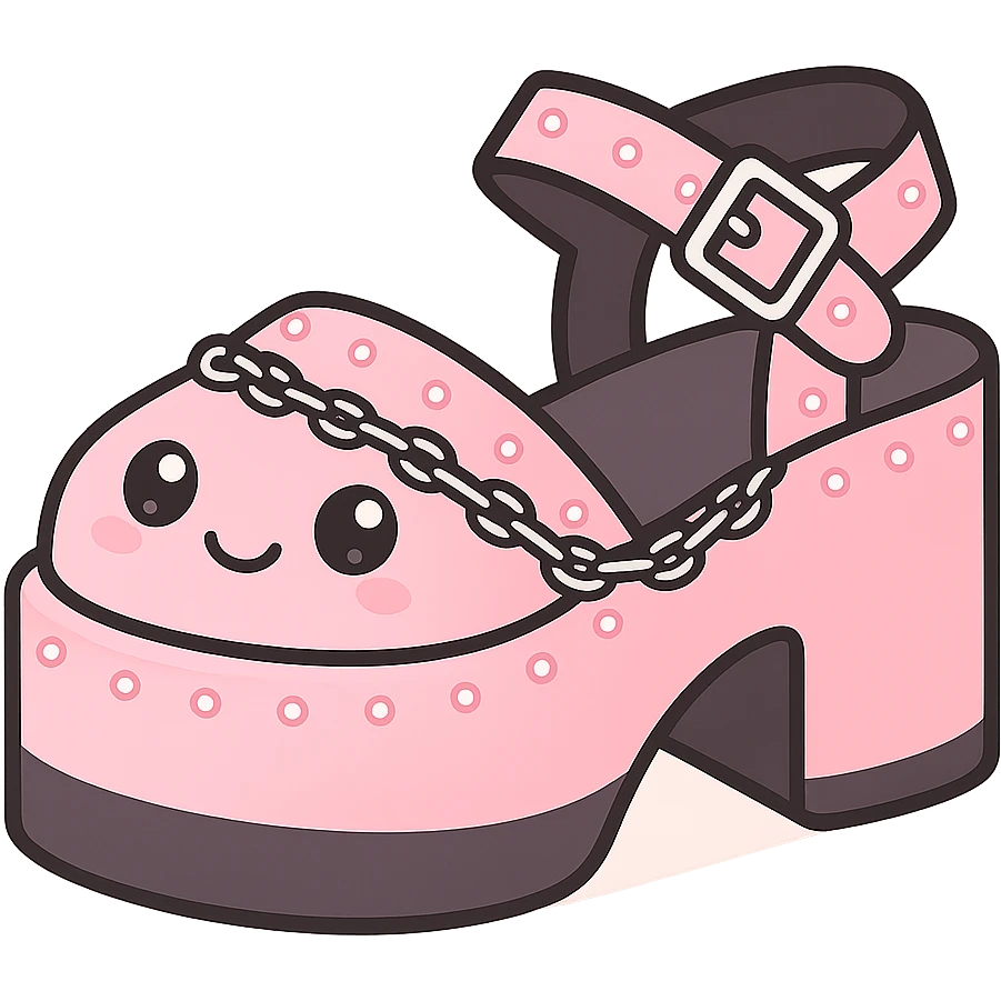 Add a gradient effect from black to pastel pink on the platform sandals with silver studs and chains, kawaii style, no socks, no hearts, transparent background emoji