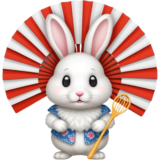A rabbit hiding playfully behind a small patterned fan. emoji