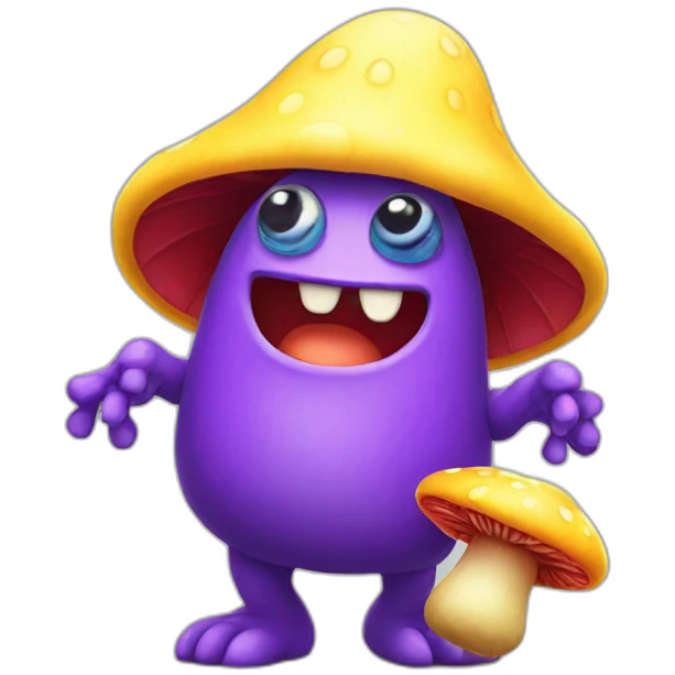 Purple monster with a yellow had and in his hand a mushroom emoji