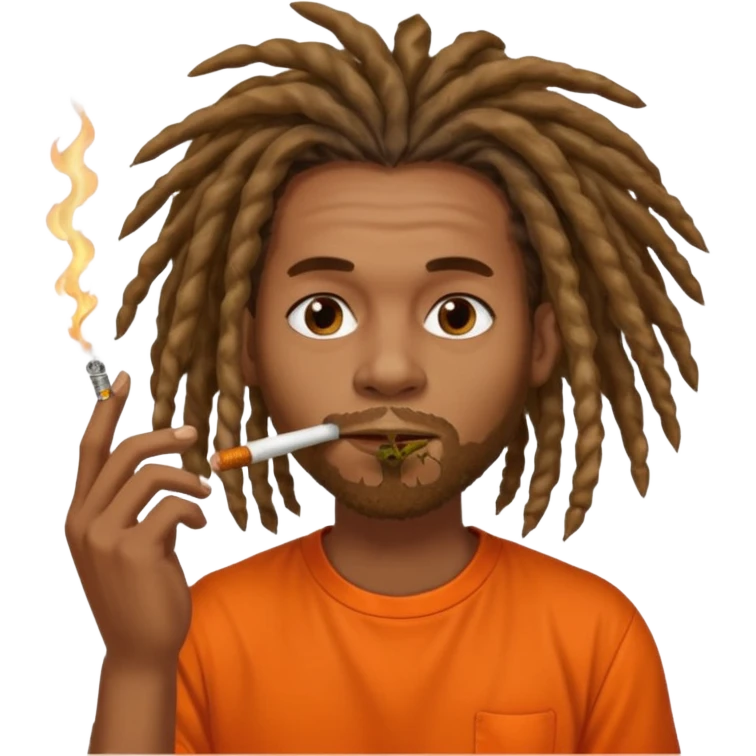 Brownskin man with very long dreadlocks orange shirt smoking weed blunt in mouth emoji