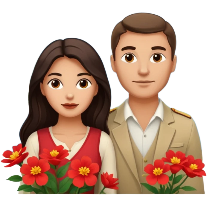 Couple traveling in Montenegro russian man and elegant  Latina girl delicate flowers and mountains in the background  emoji