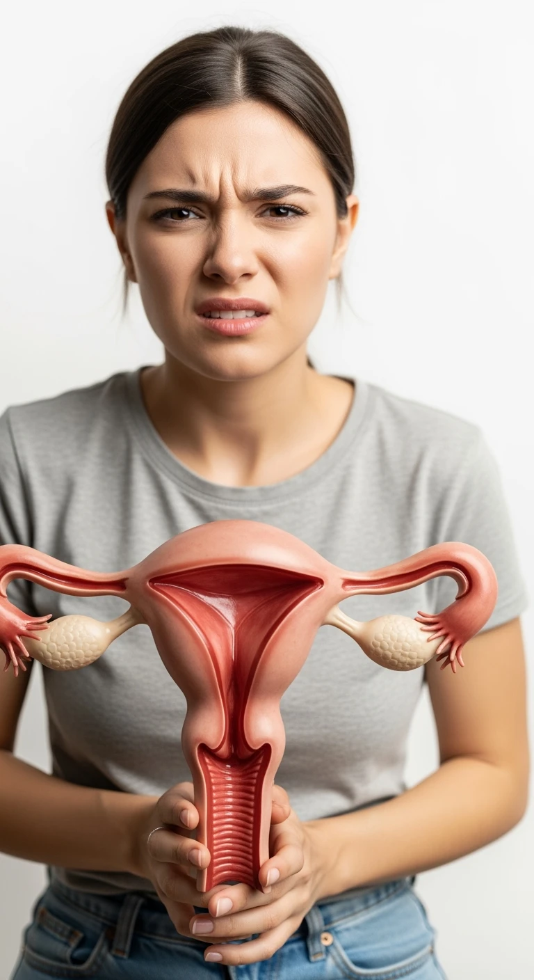 donna vestita casual realistico con utero umano anatomico in evidenza, dolore in volto
, IPERREALISTICO 4K, sfondo bianco emoji